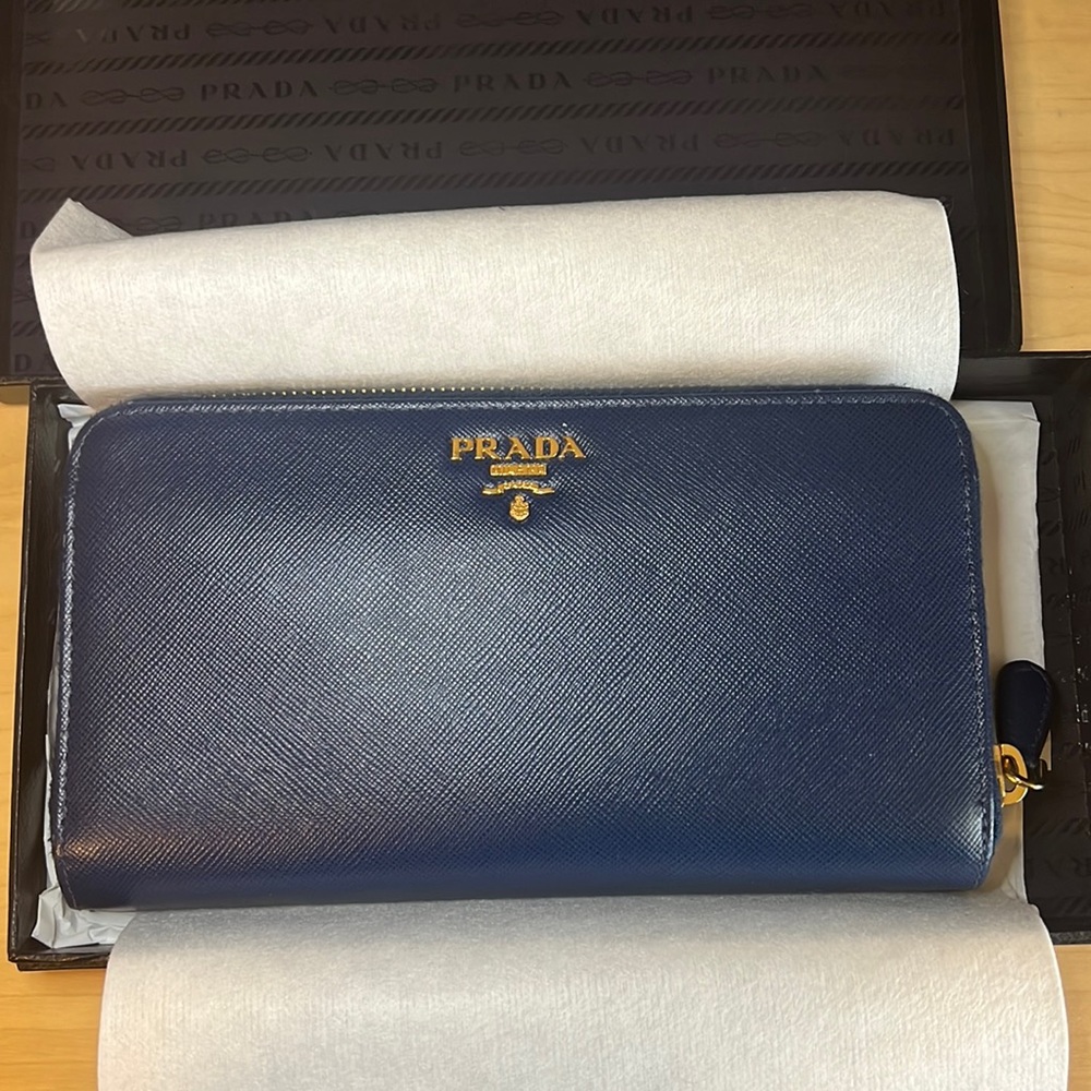 Prada zippered long wallet blue color
